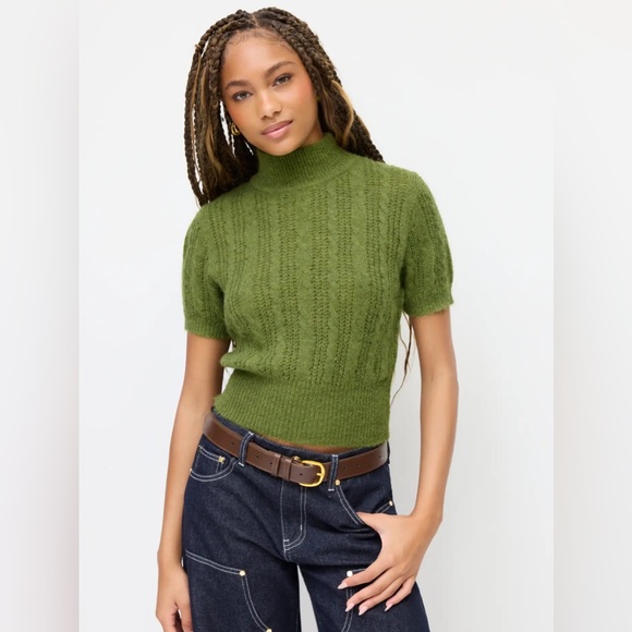 Cider | Women’s Olive Green Short Sleeve Cable Knit Mock Neck Sweater Size 0XL - Picture 15 of 16